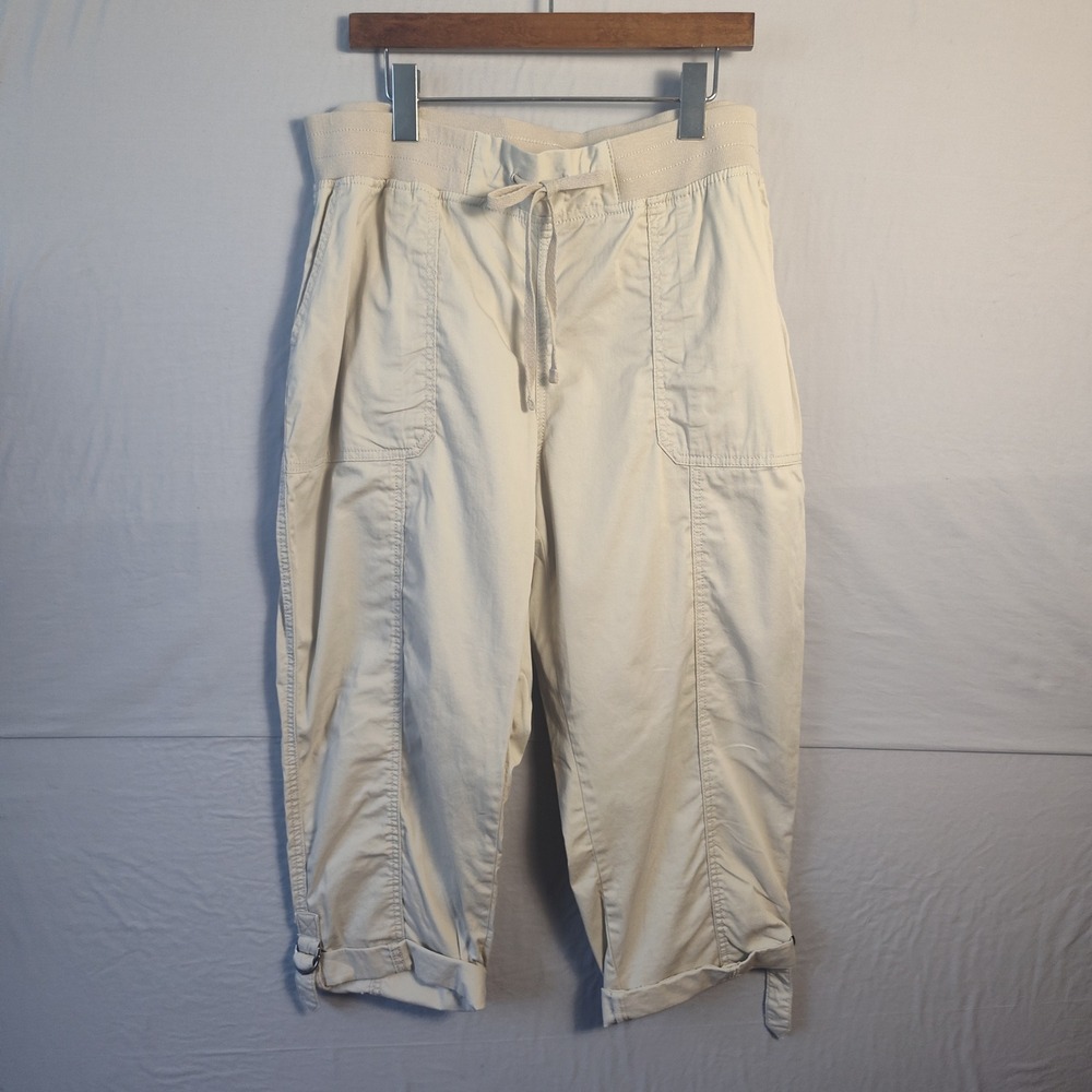 Beige Cropped Cargo Pants Elastic Waist Drawstring Buckle Cuff PXL